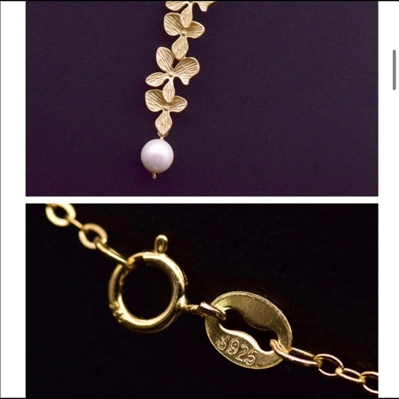 S925 Natural Fresh Water Pearl Leaf Necklace - Picture 7 of 9